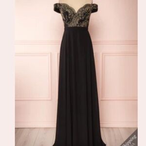 Black maxi with gold thread embellishments